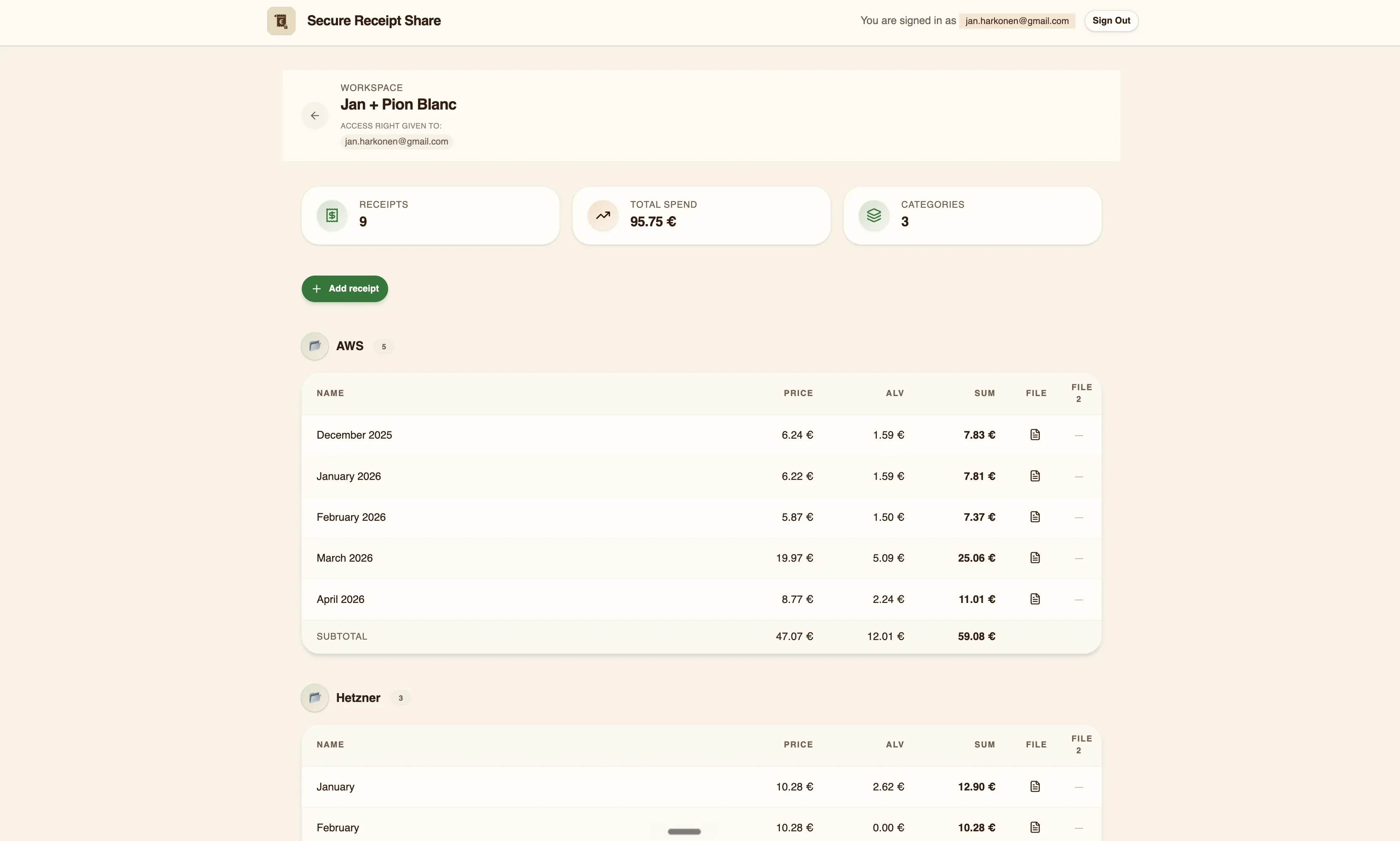 Secure receipt share preview